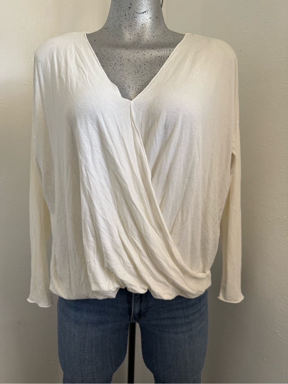 Double Zero Cream Surplice Long-Sleeve Draped Top
